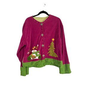 Vintage Sweater Women L Pink Fleece Snowman Festive Holiday Retro Classic 80s